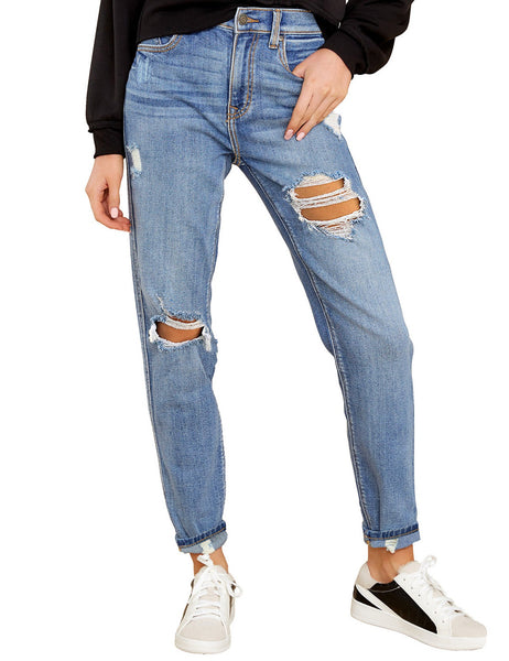 GRAPENT Women's Casual High Waisted Mom Jeans Ripped Stretchy Tapered Denim Pants