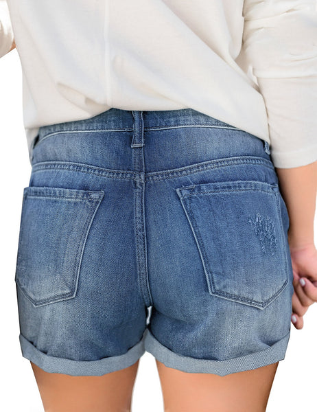 GRAPENT Women's High Waist Jean Short Casual Ripped Folded Hem Denim Jeans Shorts