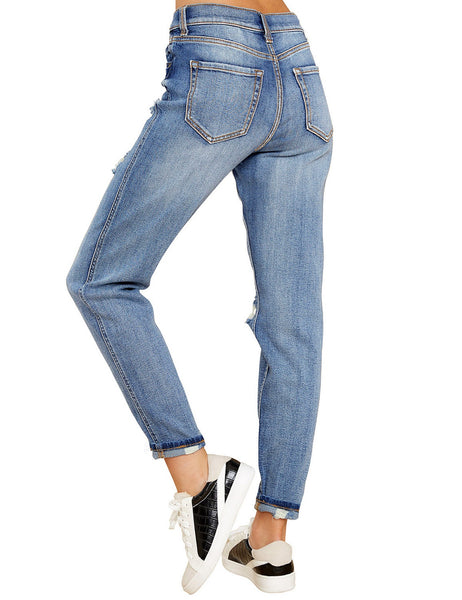 GRAPENT Women's Casual High Waisted Mom Jeans Ripped Stretchy Tapered Denim Pants