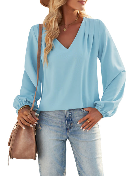 GRAPENT Womens Business Causal Tops for Women Ladies Work Blouses Dressy Long Sleeve Pleated V Neck
