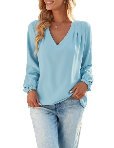 GRAPENT Womens Business Causal Tops for Women Ladies Work Blouses Dressy Long Sleeve Pleated V Neck
