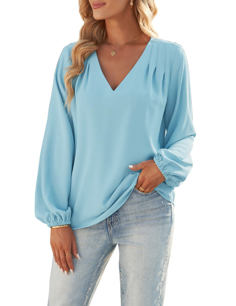 GRAPENT Womens Business Causal Tops for Women Ladies Work Blouses Dressy Long Sleeve Pleated V Neck