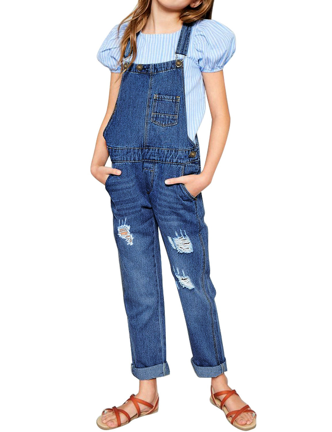 GRAPENT Girls' Casual Ripped Denim Bib Overalls Stretch Jean