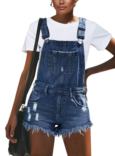 GRAPENT Women's Adjustable Strap Frayed Raw Hem Denim Bib Overalls Jeans Shorts
