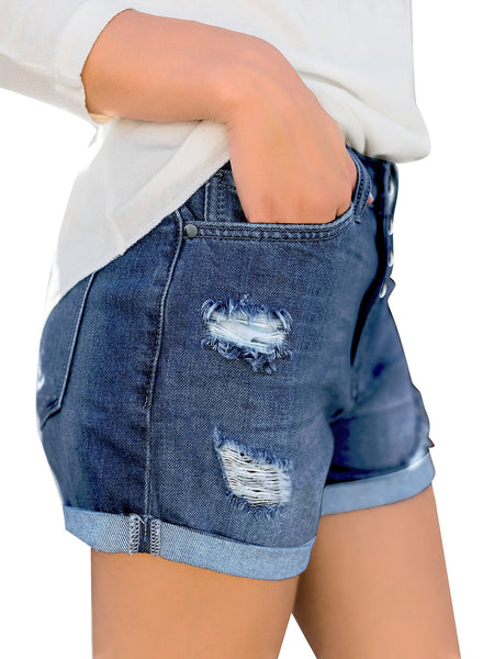GRAPENT Women's High Waist Jean Short Casual Ripped Folded Hem Denim Jeans Shorts