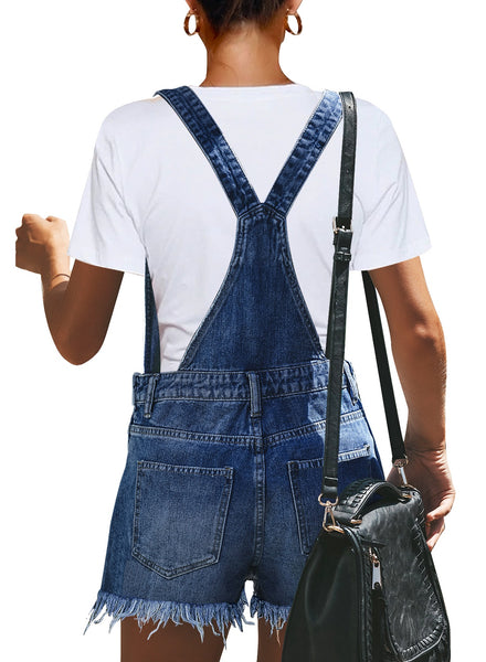 GRAPENT Women's Adjustable Strap Frayed Raw Hem Denim Bib Overalls Jeans Shorts