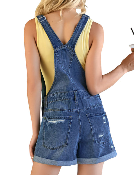 GRAPENT Women's Ripped Denim Shortalls Adjustable Straps Bib Overall Jean Shorts