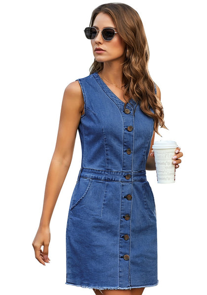 Grapent Women Sleeveless V Neck Button Down Frayed Hem Short Denim Dress