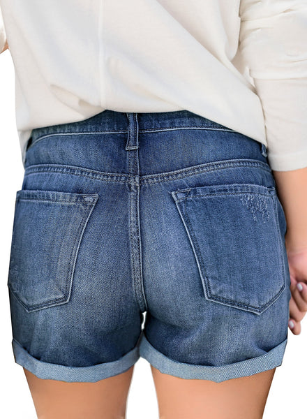 GRAPENT Women's High Waist Jean Short Casual Ripped Folded Hem Denim Jeans Shorts