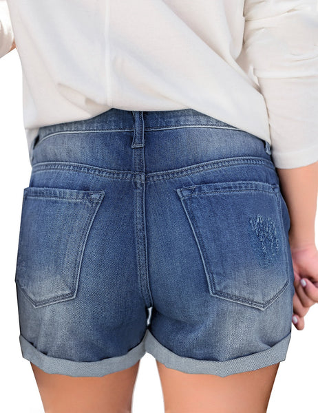 GRAPENT Women's High Waist Jean Short Casual Ripped Folded Hem Denim Jeans Shorts