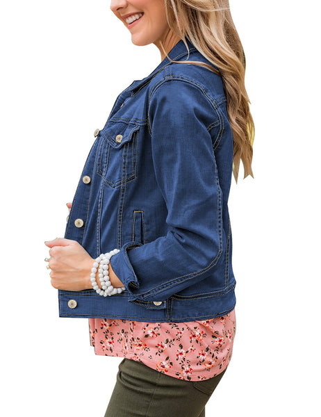 GRAPENT Women's Basic Button Down Long Sleeve Stretchy Jean Trucker Denim Jacket