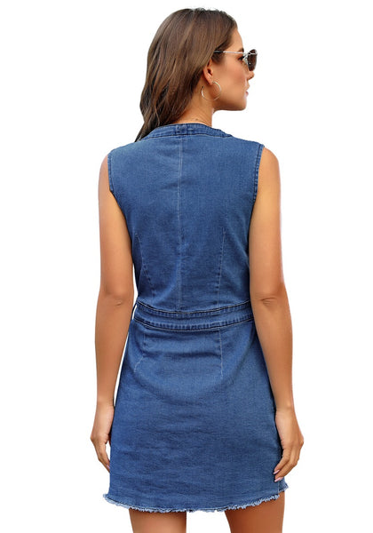 Grapent Women Sleeveless V Neck Button Down Frayed Hem Short Denim Dress