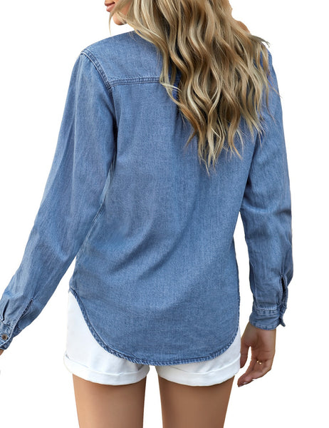 GRAPENT Womens Casual Loose Roll-up Sleeve Blouse Pocket Button Down Shirts Tops