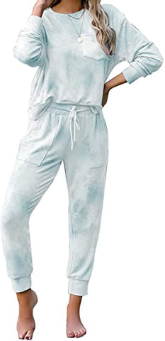 GRAPENT Women Tie Dye Print Pajama Set Loungewear Top and Pants Jogger Sleepwear