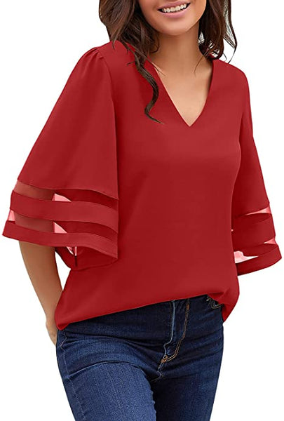GRAPENT Women's Casual V Neck Blouse 3/4 Bell Sleeve Mesh Panel Loose Shirts Top
