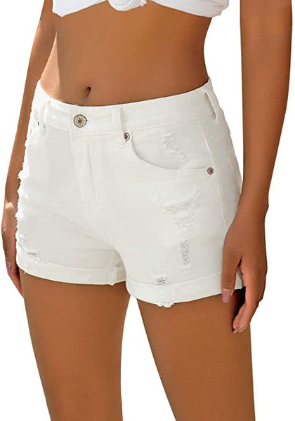 GRAPENT Women's High Waist Jean Short Casual Ripped Folded Hem Denim Jeans Shorts