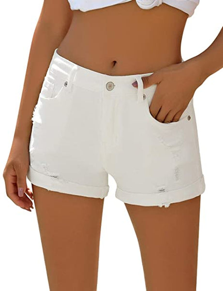 GRAPENT Women's High Waist Jean Short Casual Ripped Folded Hem Denim Jeans Shorts