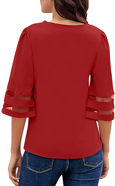 GRAPENT Women's Casual V Neck Blouse 3/4 Bell Sleeve Mesh Panel Loose Shirts Top