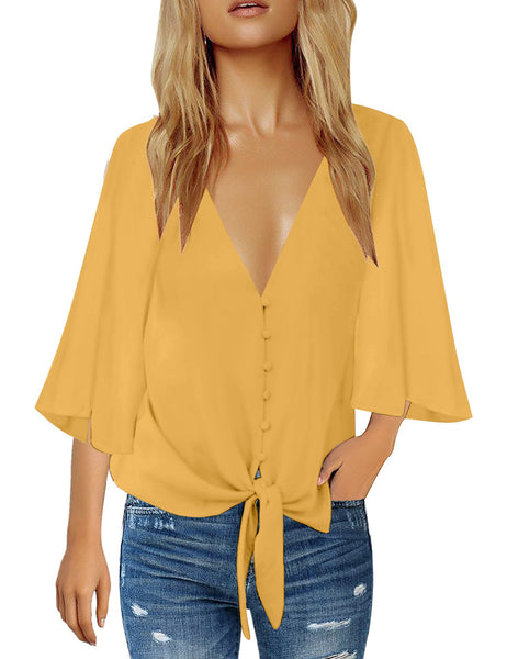 GRAPENT Women's Casual 3/4 Bell Sleeve Blouse V Neck Mesh Panel Loose Top Shirt