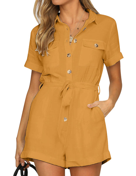 GRAPENT Women's Summer Short Sleeve Button Down Pockets Belted Jumpsuits Rompers