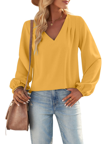 GRAPENT Womens Business Causal Tops for Women Ladies Work Blouses Dressy Long Sleeve Pleated V Neck