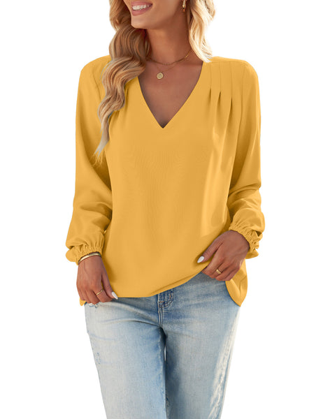 GRAPENT Womens Business Causal Tops for Women Ladies Work Blouses Dressy Long Sleeve Pleated V Neck