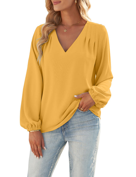 GRAPENT Womens Business Causal Tops for Women Ladies Work Blouses Dressy Long Sleeve Pleated V Neck