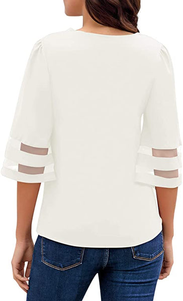 GRAPENT Women's Casual V Neck Blouse 3/4 Bell Sleeve Mesh Panel Loose Shirts Top