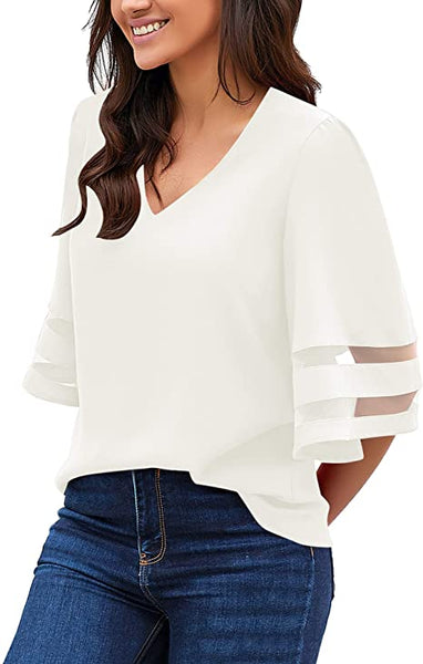 GRAPENT Women's Casual V Neck Blouse 3/4 Bell Sleeve Mesh Panel Loose Shirts Top