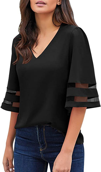 GRAPENT Women's Casual V Neck Blouse 3/4 Bell Sleeve Mesh Panel Loose Shirts Top