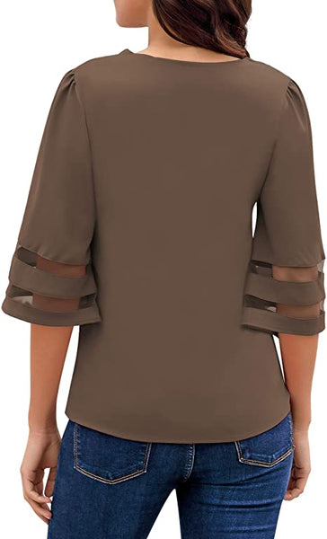 GRAPENT Women's Casual V Neck Blouse 3/4 Bell Sleeve Mesh Panel Loose Shirts Top