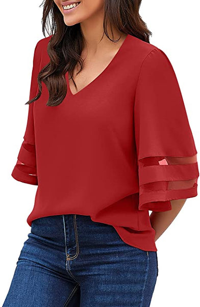 GRAPENT Women's Casual V Neck Blouse 3/4 Bell Sleeve Mesh Panel Loose Shirts Top