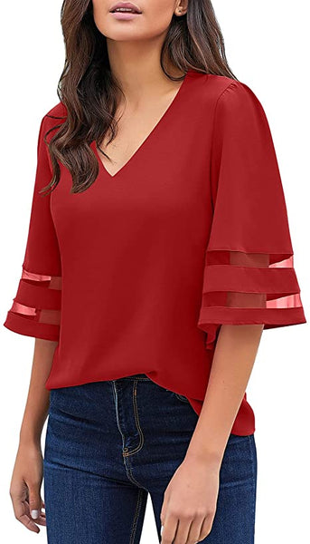 GRAPENT Women's Casual V Neck Blouse 3/4 Bell Sleeve Mesh Panel Loose Shirts Top