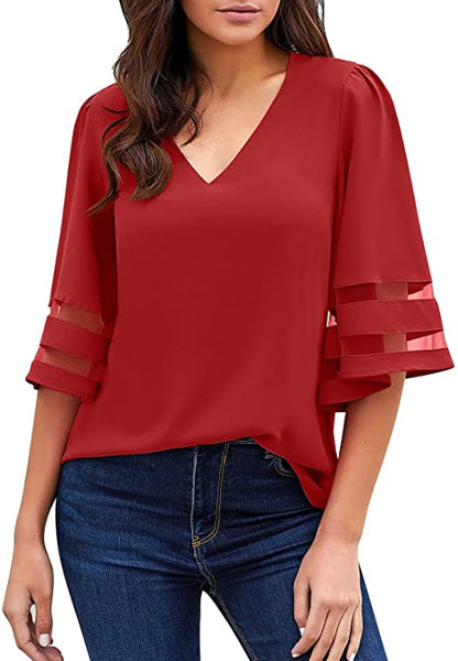 GRAPENT Women's Casual V Neck Blouse 3/4 Bell Sleeve Mesh Panel Loose Shirts Top
