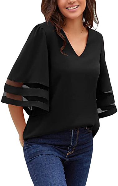 GRAPENT Women's Casual V Neck Blouse 3/4 Bell Sleeve Mesh Panel Loose Shirts Top