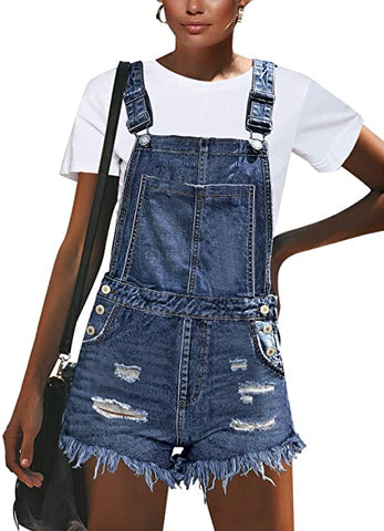 GRAPENT Women's Adjustable Strap Frayed Raw Hem Denim Bib Overalls Jeans Shorts