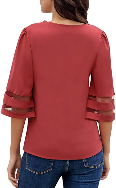 GRAPENT Women's Casual V Neck Blouse 3/4 Bell Sleeve Mesh Panel Loose Shirts Top