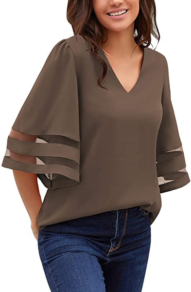 GRAPENT Women's Casual V Neck Blouse 3/4 Bell Sleeve Mesh Panel Loose Shirts Top
