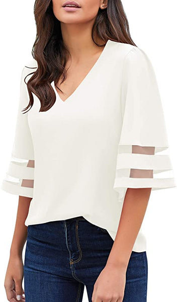 GRAPENT Women's Casual V Neck Blouse 3/4 Bell Sleeve Mesh Panel Loose Shirts Top