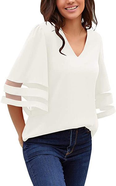 GRAPENT Women's Casual V Neck Blouse 3/4 Bell Sleeve Mesh Panel Loose Shirts Top