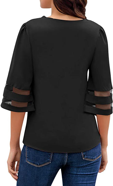 GRAPENT Women's Casual V Neck Blouse 3/4 Bell Sleeve Mesh Panel Loose Shirts Top