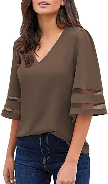 GRAPENT Women's Casual V Neck Blouse 3/4 Bell Sleeve Mesh Panel Loose Shirts Top