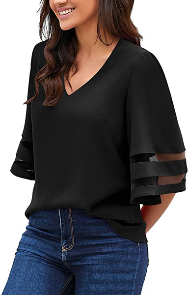 GRAPENT Women's Casual V Neck Blouse 3/4 Bell Sleeve Mesh Panel Loose Shirts Top