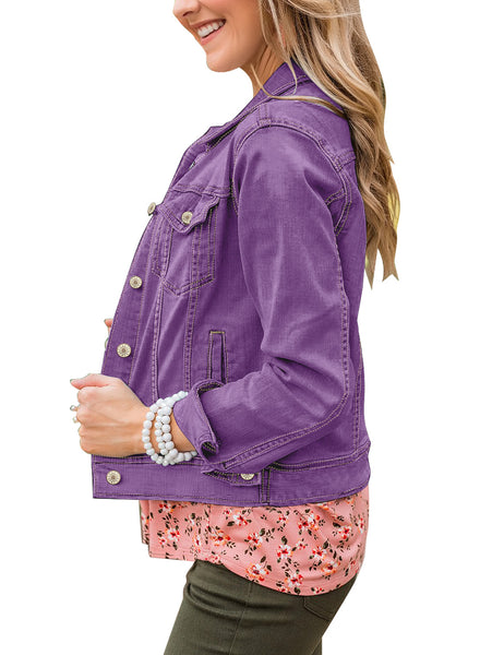 GRAPENT Women's Basic Button Down Long Sleeve Stretchy Jean Trucker Denim Jacket