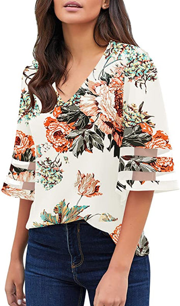 GRAPENT Women's Casual V Neck Blouse 3/4 Bell Sleeve Mesh Panel Loose Shirts Top