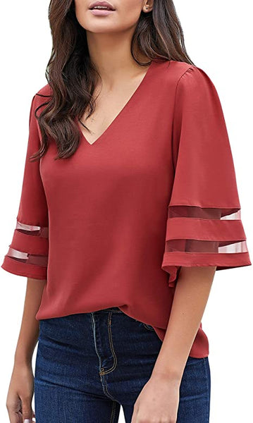GRAPENT Women's Casual V Neck Blouse 3/4 Bell Sleeve Mesh Panel Loose Shirts Top