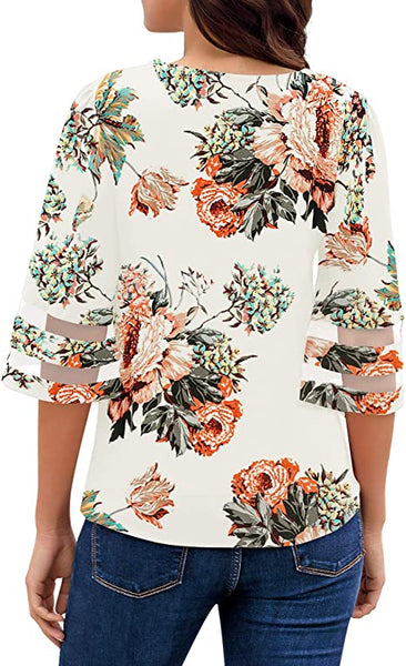 GRAPENT Women's Casual V Neck Blouse 3/4 Bell Sleeve Mesh Panel Loose Shirts Top