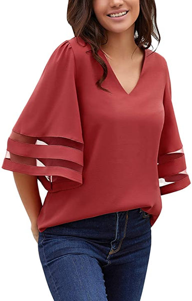 GRAPENT Women's Casual V Neck Blouse 3/4 Bell Sleeve Mesh Panel Loose Shirts Top