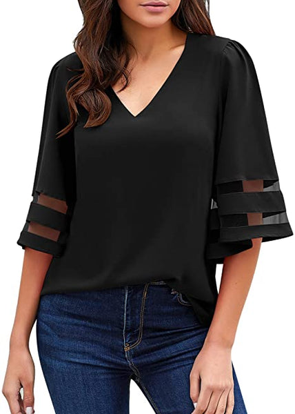 GRAPENT Women's Casual V Neck Blouse 3/4 Bell Sleeve Mesh Panel Loose Shirts Top