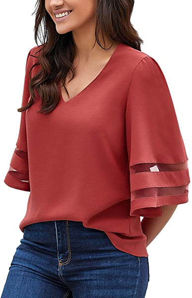 GRAPENT Women's Casual V Neck Blouse 3/4 Bell Sleeve Mesh Panel Loose Shirts Top